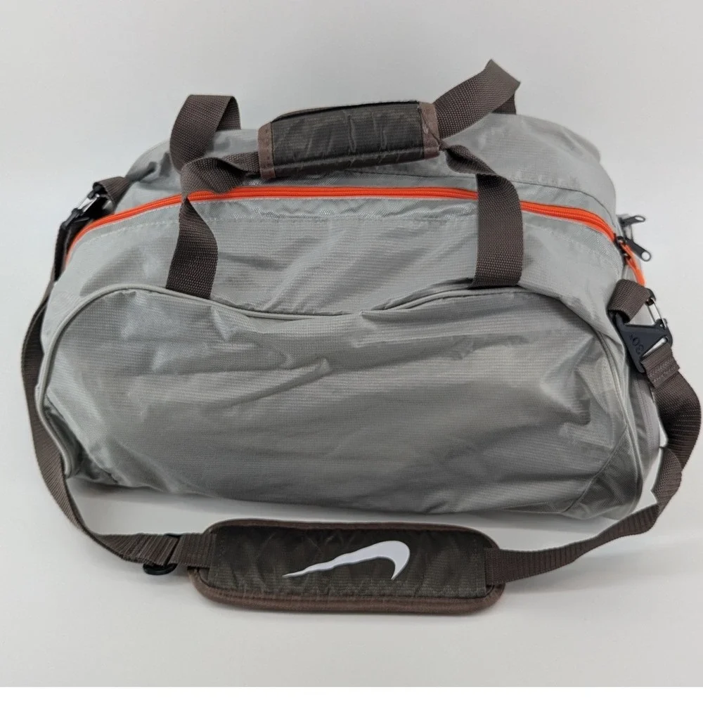 Nike Grey Ripstop Duffel Bag Orange Trim Gym Travel Sports Bag with Shoe Pocket